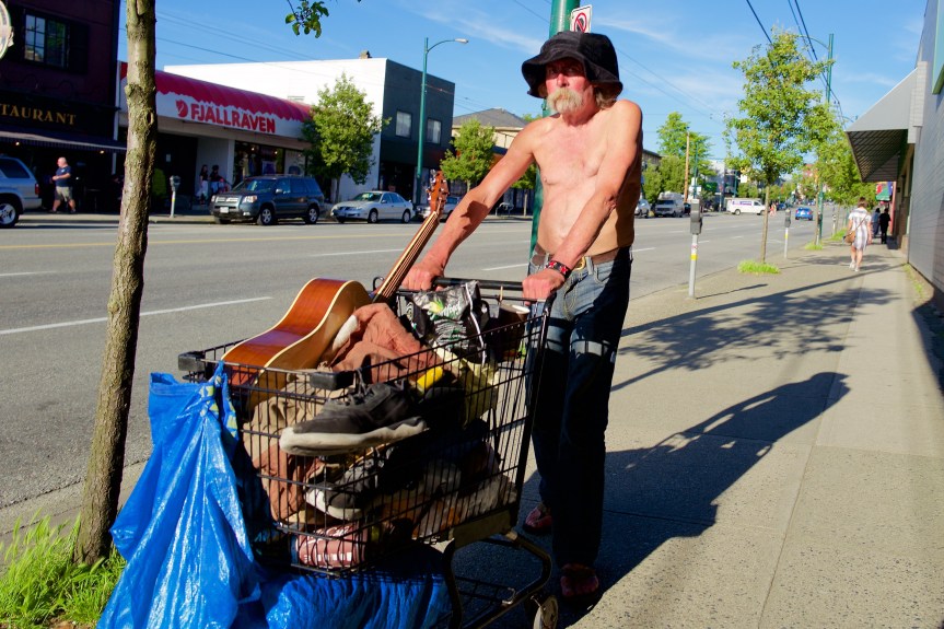 Homeless & on the move with everything he owns....